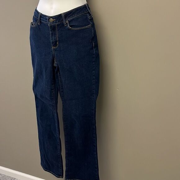 Eddie Bauer Dark Wash Curvy Bootcut 5-Pocket Tan Contrast Stitching Jeans-Size 8 - Picture 3 of 16